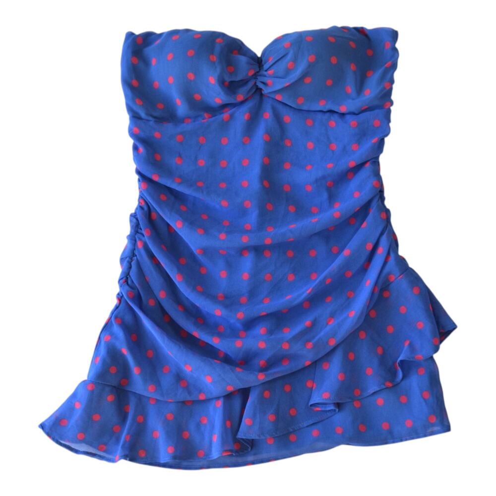 Mango MNG Blue Pink Polka Dot Strapless Ruched Ruffle Mini Dress 6